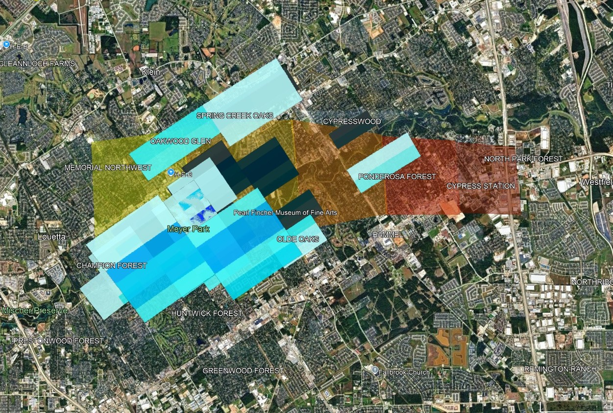 Perspective view of radar signatures of falling meteorites. The blue-gray pixels are radar signatures of falling meteorites from the KHGX and TIAH weather radars.