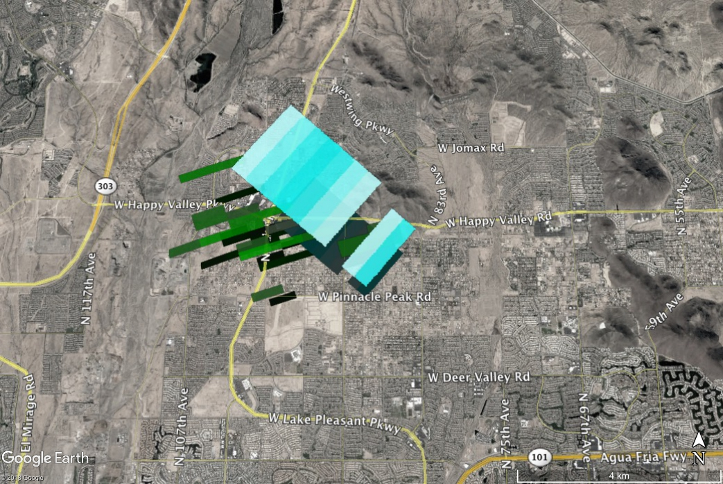 This composite image shows all the radar signatures from falling meteorites as green and blue/gray polygons. Blue/gray data is from the NEXRAD radar, and green data is from the TPHX airport radar.