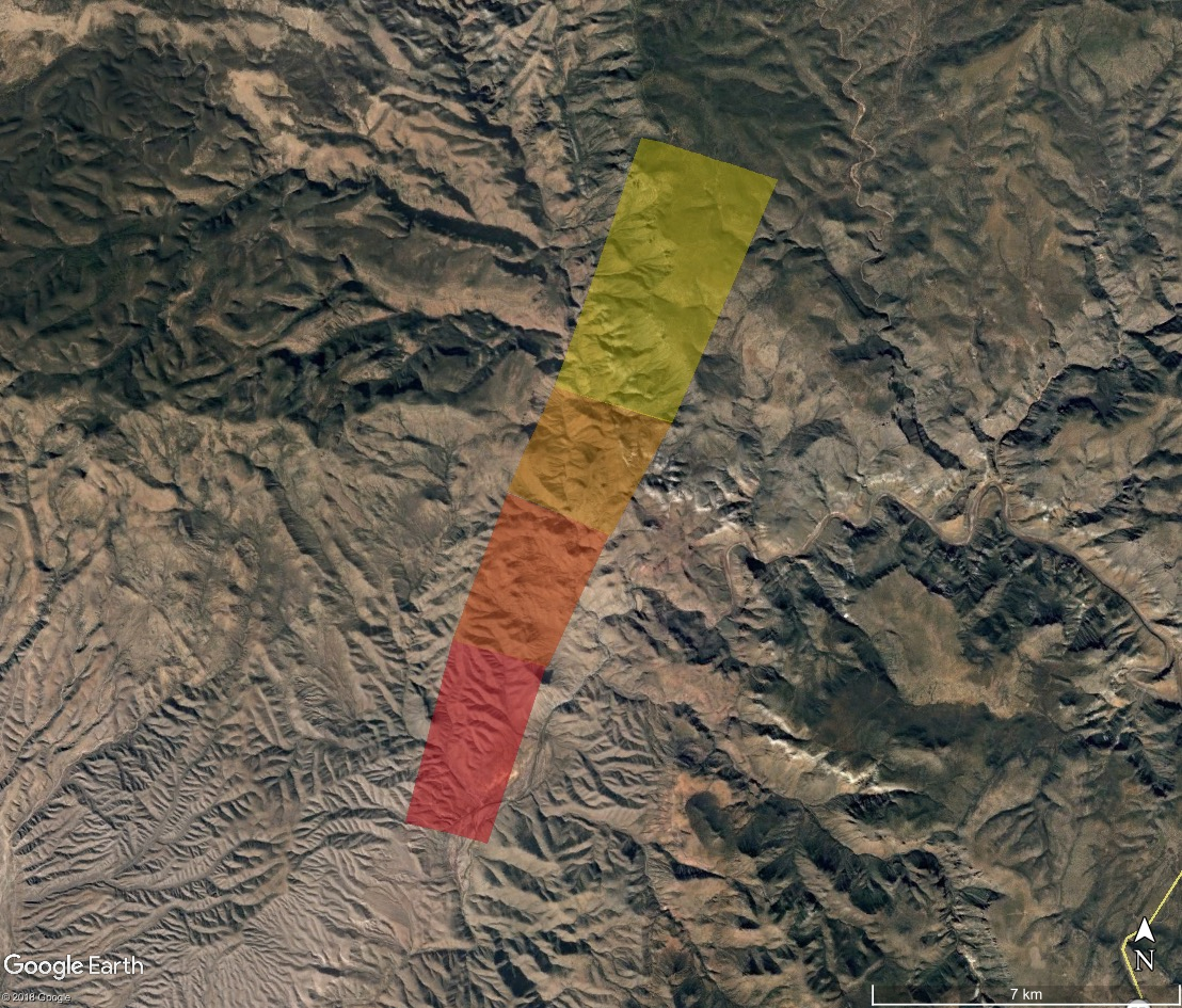 This is the calculated strewn field for the meteorite fall, color coded according to mass. Red is kg-mass meteorites, scaling down to yellow single-gram stones.