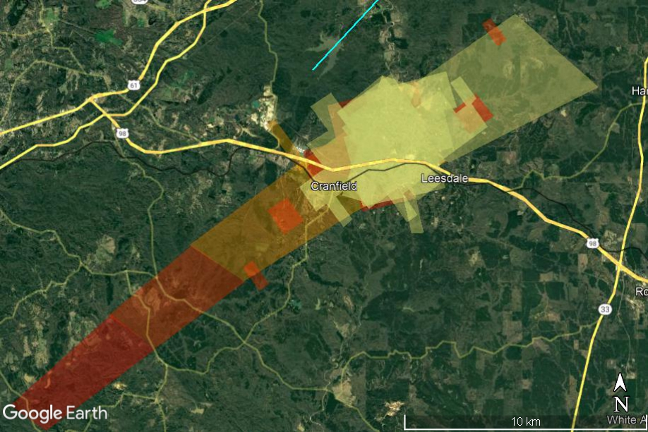 This is a calculated landing site map for meteorites seen in radar imagery color coded according to mass. Red is kg-mass meteorites, scaling down to yellow single-gram stones.