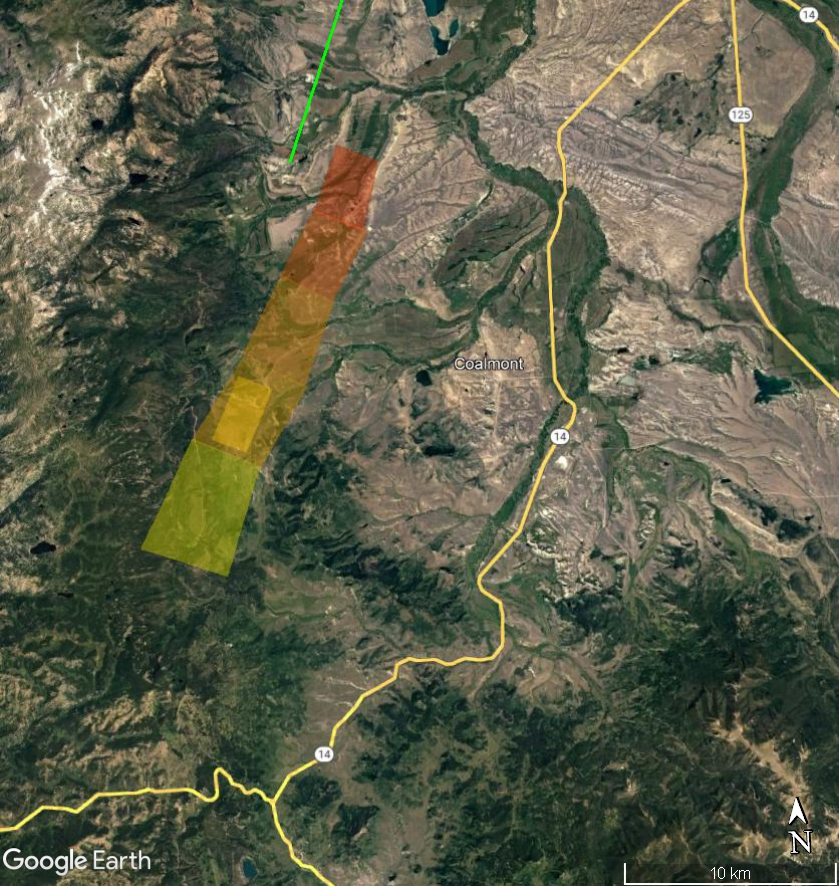 This is an estimated landing site map for this fall, color coded according to mass. Red is kg-mass meteorites, scaling down to yellow single-gram stones. The yellow polygon is for 7.75g meteorites fro