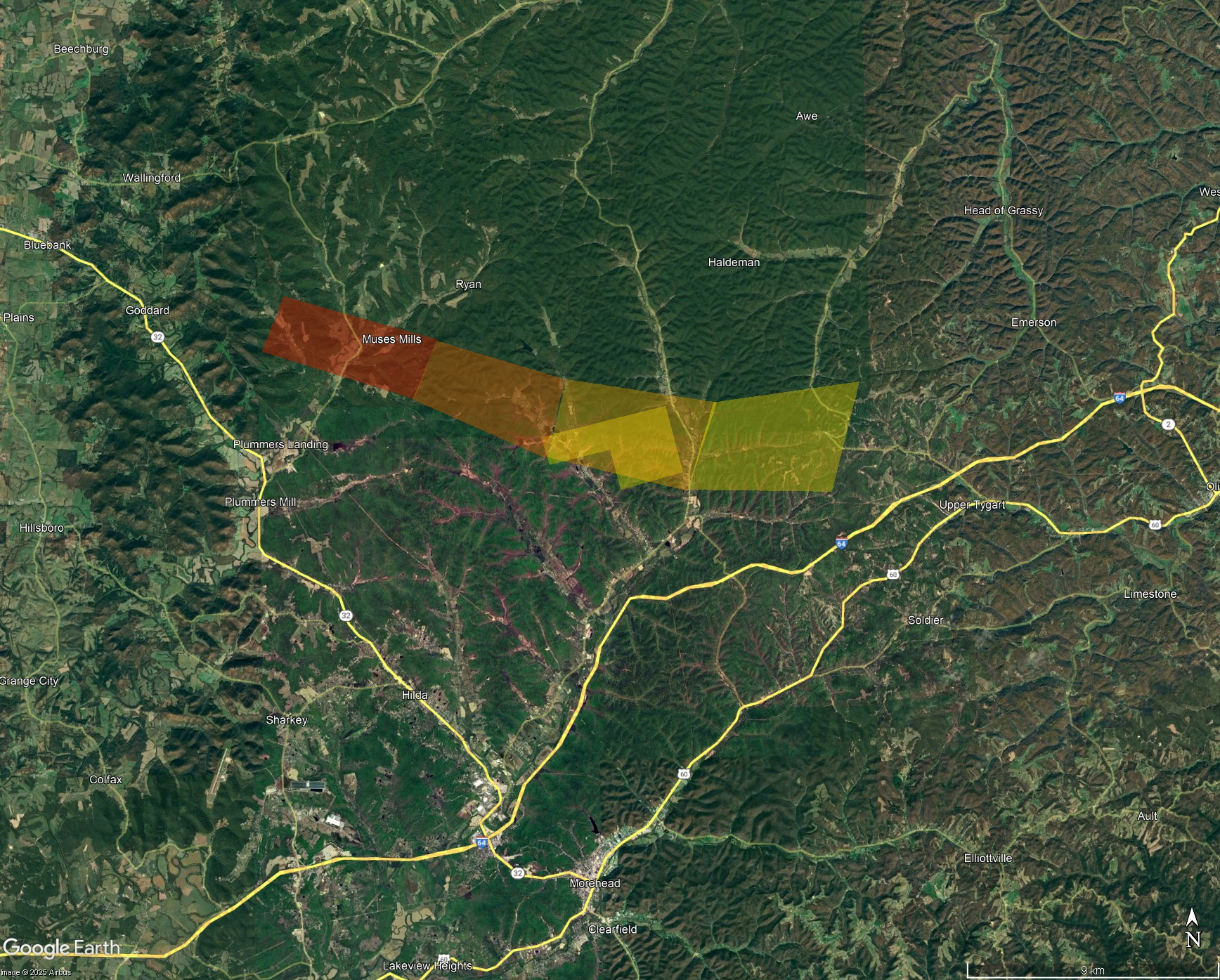 The red polygon indicates where kilogram-mass meteorites would land if any exist, orange is 100s of g, light orange is 10s of g, and yellow is 1-10g