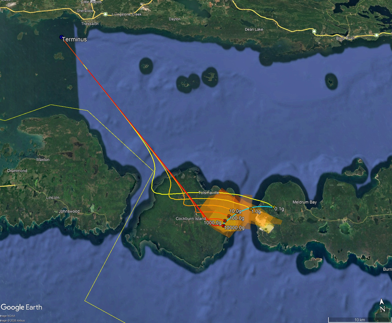 Composite radar image of falling meteorites, seen from perspective view looking towards the north.